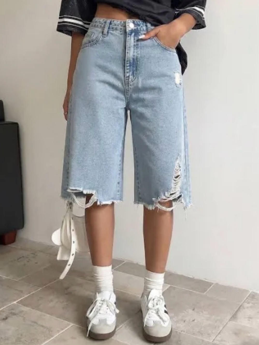 Light Blue Distressed Denim Bermuda Shorts — Casual Women’s Shorts